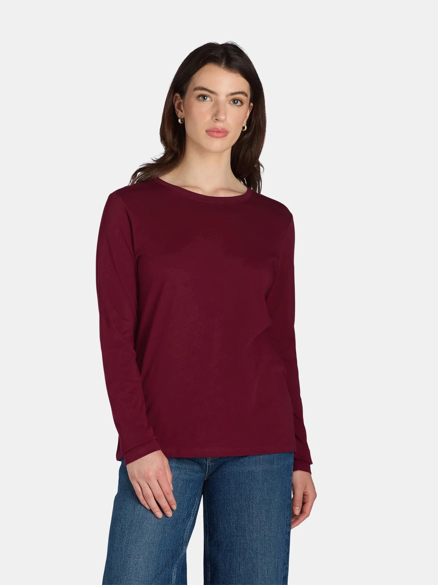 Time and Tru Women's Cotton Crewneck Tee with Long Sleeves, Single and 3 Pack, Sizes XS-XXXL | Walmart (US)