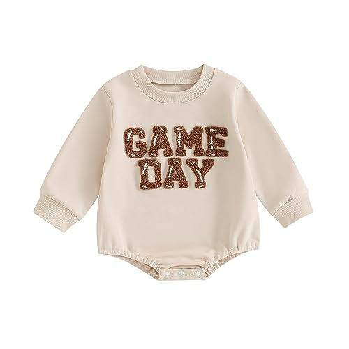 OikMombiu Newborn Baby Football Outfit Boy Girl Game Day Sweatshirt Romper Letter Embroidery Long Sleeve Onesie Fall Clothes(Game Day Embroidery Apricot, 3-6 Months) | Amazon (US)