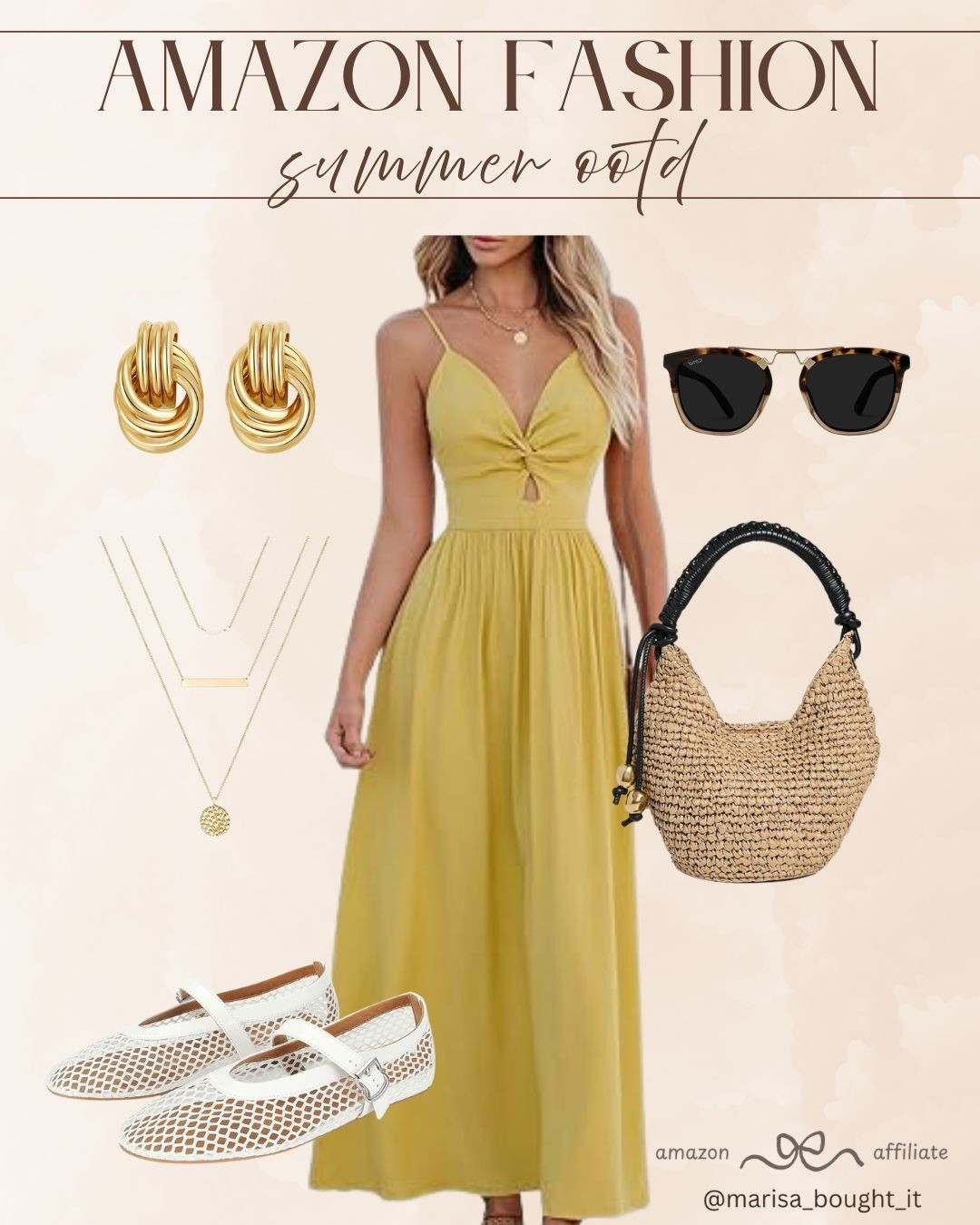 Found the ultimate golden hour dress on Amazon! ☀️
This yellow cutout maxi is such a dream for summer vacations or brunch with the girls. It is lightweight, flattering, and so easy to style.

I paired it with a trendy woven bag, mesh Mary Janes, and layered gold necklaces for an effortless boho-chic finish. 🌊

#AmazonSummer #VacationOutfit #SummerDress #AmazonStyle #BohoChic

#LTKootd #LTKSeasonal