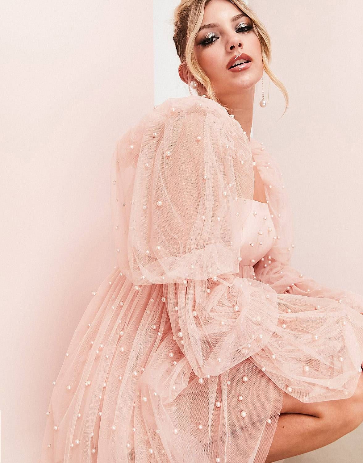 ASOS LUXE tulle baby doll dress with pearl embellishment in peach | ASOS (Global)