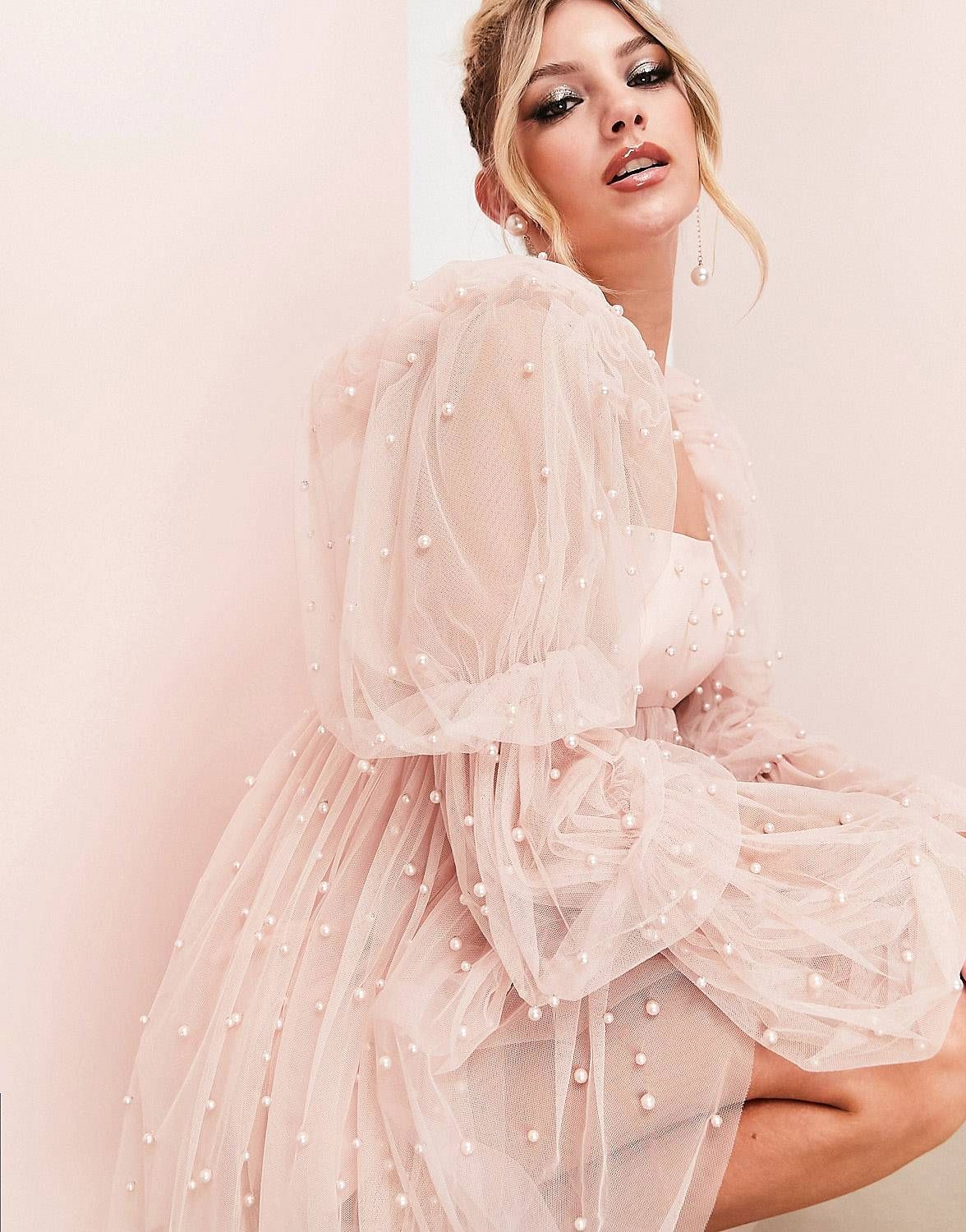 ASOS LUXE tulle baby doll dress with pearl embellishment in peach | ASOS (Global)