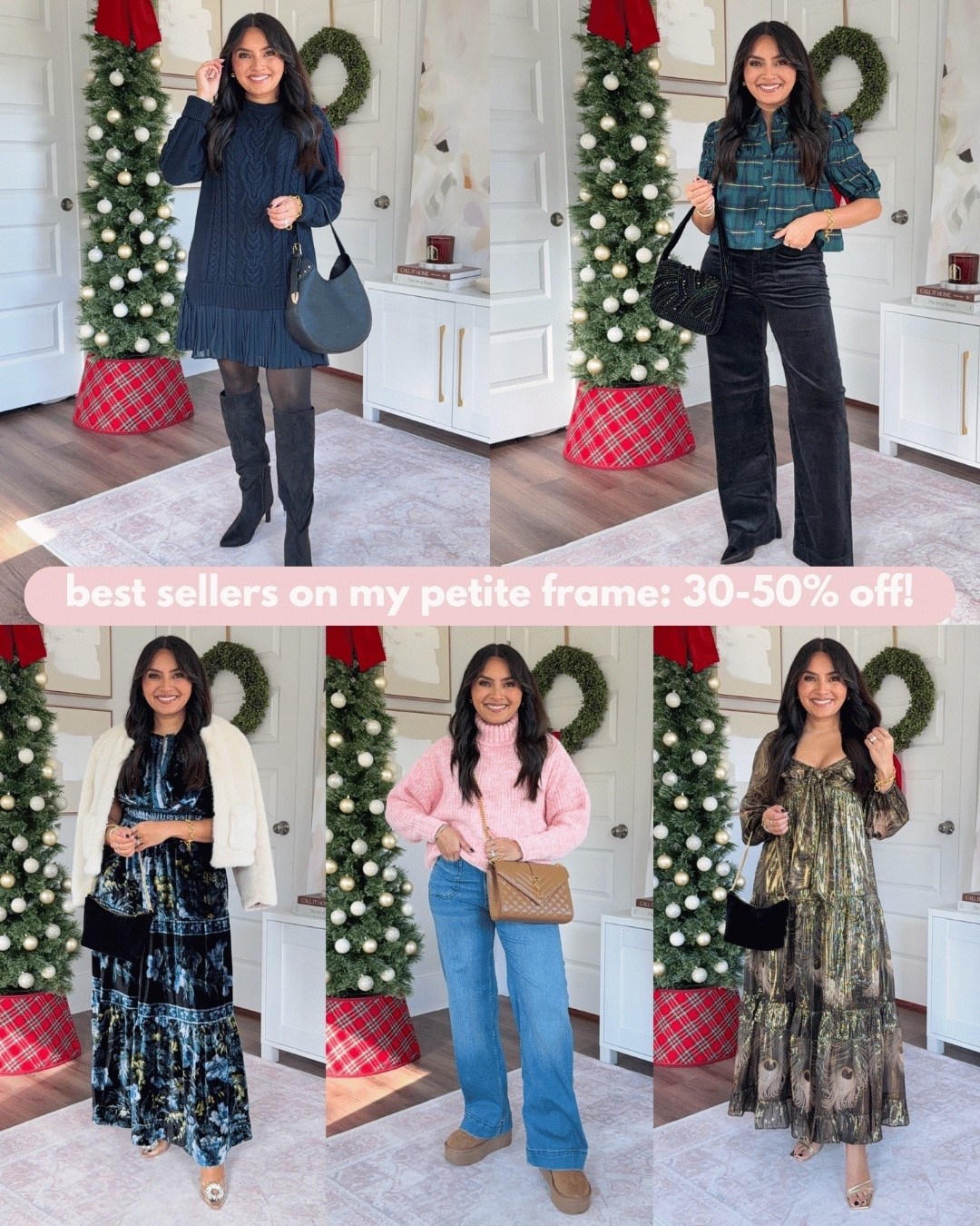 Best sellers on my petite frame!
For reference: I’m 5’0, 32b bra size, and 2/26 in bottoms, pear shaped. 
*Everything I share is unaltered! TTS means true to size. Between size 5-6.6 in shoes

Navy sweater dress size xs petite TTS
Black tights size small TTS
Black boots size 5.5 TTS

Green plaid tartan top size xs petite TTS
Black Corduroy pants size 26 regular but would prefer the petite length 
Black boots size 5.5 TTS

Natural ivory faux fur coat size xxs - need to size up a size so I can button the coat!
Dark blue printed velvet maxi dress size xs petite TTS
Rhinestone heels - old, similar linked

Pink sweater size xxs TTS
Blue wash wide leg jeans size 26 petite TTS
Chestnut platform UGGS size 5 TTS

Metallic babydoll dress size xs petite TTS
Gold heels size 5 TTS



anthropologie best sellers
anthropologie holiday outfits
petite anthropologie try on
petite holiday dresses
petite winter outfits
anthropologie jeans petite
corduroy pants petite
festive outfits 2025
holiday party outfits
petite sweaters winter
winter outfit ideas
anthropologie try on haul
petite styling tips
holiday dresses 2025
jeans for petites
Rachelmirandablog
Honeysweetpetite
Honey sweet petite
Black friday
Cyber weekend
Cyber Monday 
Christmas outfits


Comment SHOP below to receive a DM with the link to this post on my LTK ⬇ https://liketk.it/5CJPb #ltkpetite #ltkcyberweek #ltkholiday

#LTKHoliday #LTKSaleAlert #LTKPetite