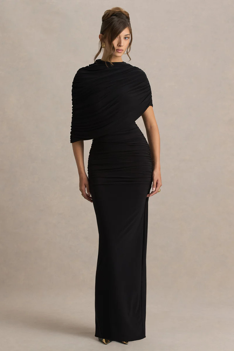 Glitz | Black High-Neck Maxi Dress With Cape Sleeve and Ruched Detail | Club L London