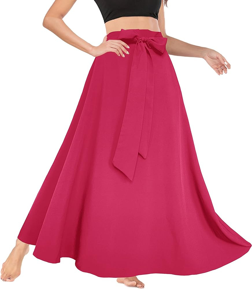Afibi Women's High Waist Skirt Tie Front A-Line Flowy Long Maxi Skirts with Pockets | Amazon (US)