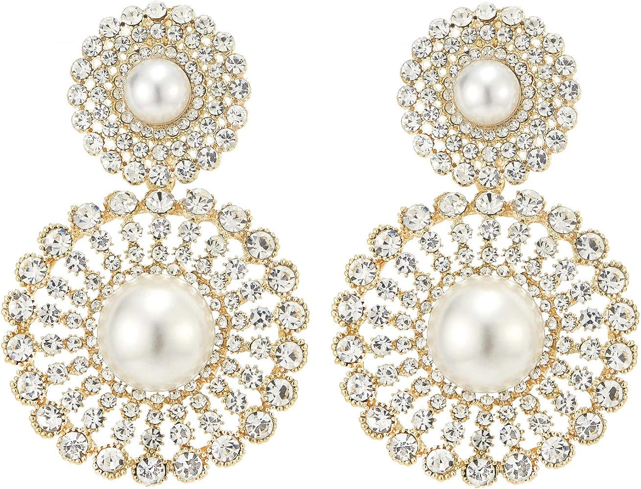Wedding Rhinestone Synthetic Pearl Cluster Large Circle Flowers Long Drop Statement Earrings Eleg... | Amazon (US)