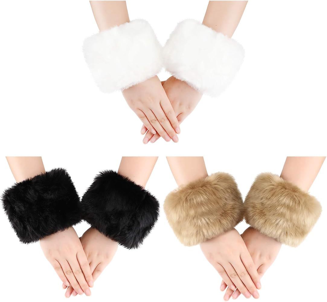 3 Pairs Women Winter Wrist Warmers Faux Fur Cuff Warmers Arm Leg Warmers for Women Costumes Gifts | Amazon (US)