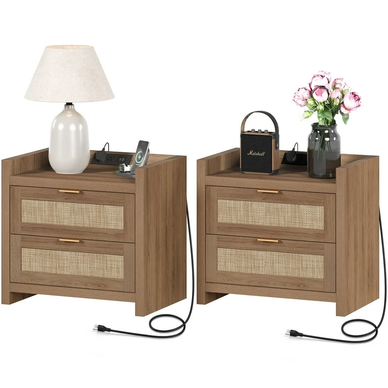 SICOTAS Boho Nightstands Set of 2, Rattan Accent with USB Charging Station, Gliding Storage Drawe... | Walmart (US)