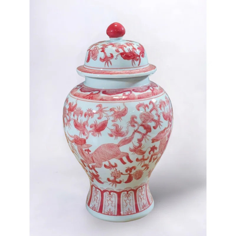 17" Porcelain Ginger Jar with Chinoiserie Deer Design, Red and White | Wayfair North America