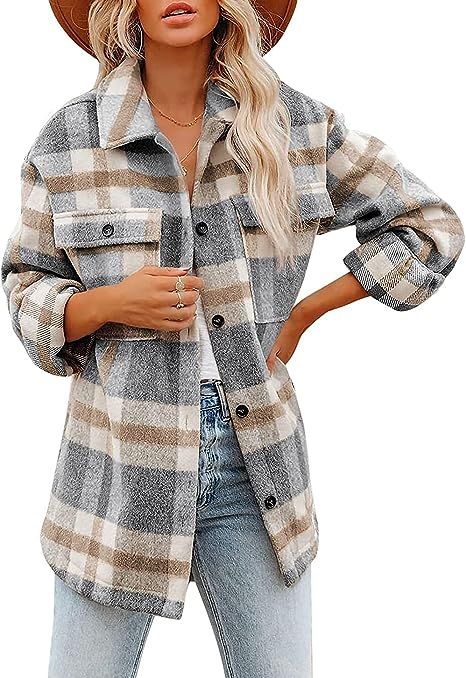 Wakeu Women's Brushed Plaid Shirts Long Sleeve Flannel Lapel Corduroy Button Down Pocketed Shacke... | Amazon (US)