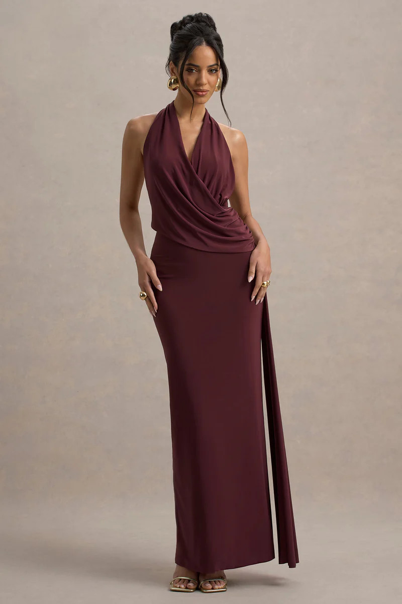 Rosina  Burgundy Halter-Neck Draped Maxi Dress With Sash | Club L London