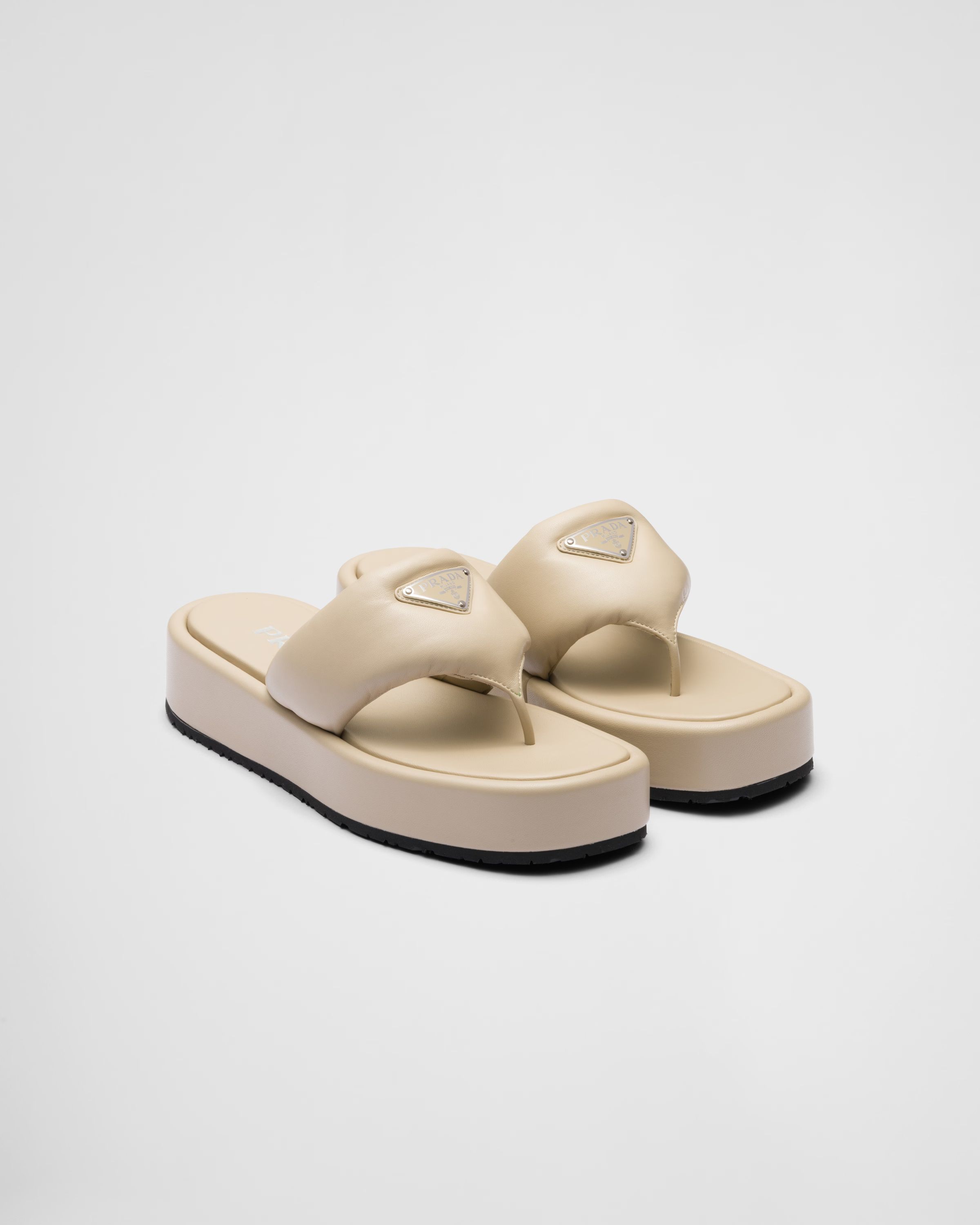 Desert Beige Prada Soft Padded Nappa Leather Thong Wedge Sandals | PRADA | Prada Spa US
