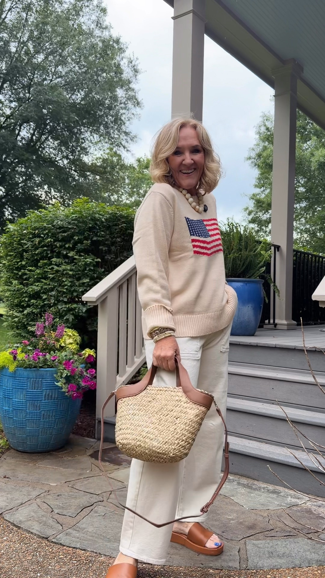 This American flag sweater is the perfect casual chic patriotic outfit idea🫶🏻

Styled with relaxed white pants and woven accessories, this timeless look is perfect for summer holidays, vacation looks, and elevated everyday fashion.

Everything is linked.

#LTKootd #LTKSeasonal #LTKOver40
