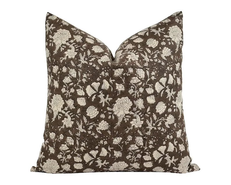 JORAH | Designer Dark Brown Floral Linen Pillow Cover, Block Print Pillow, Brown Floral Pillow, B... | Etsy (US)