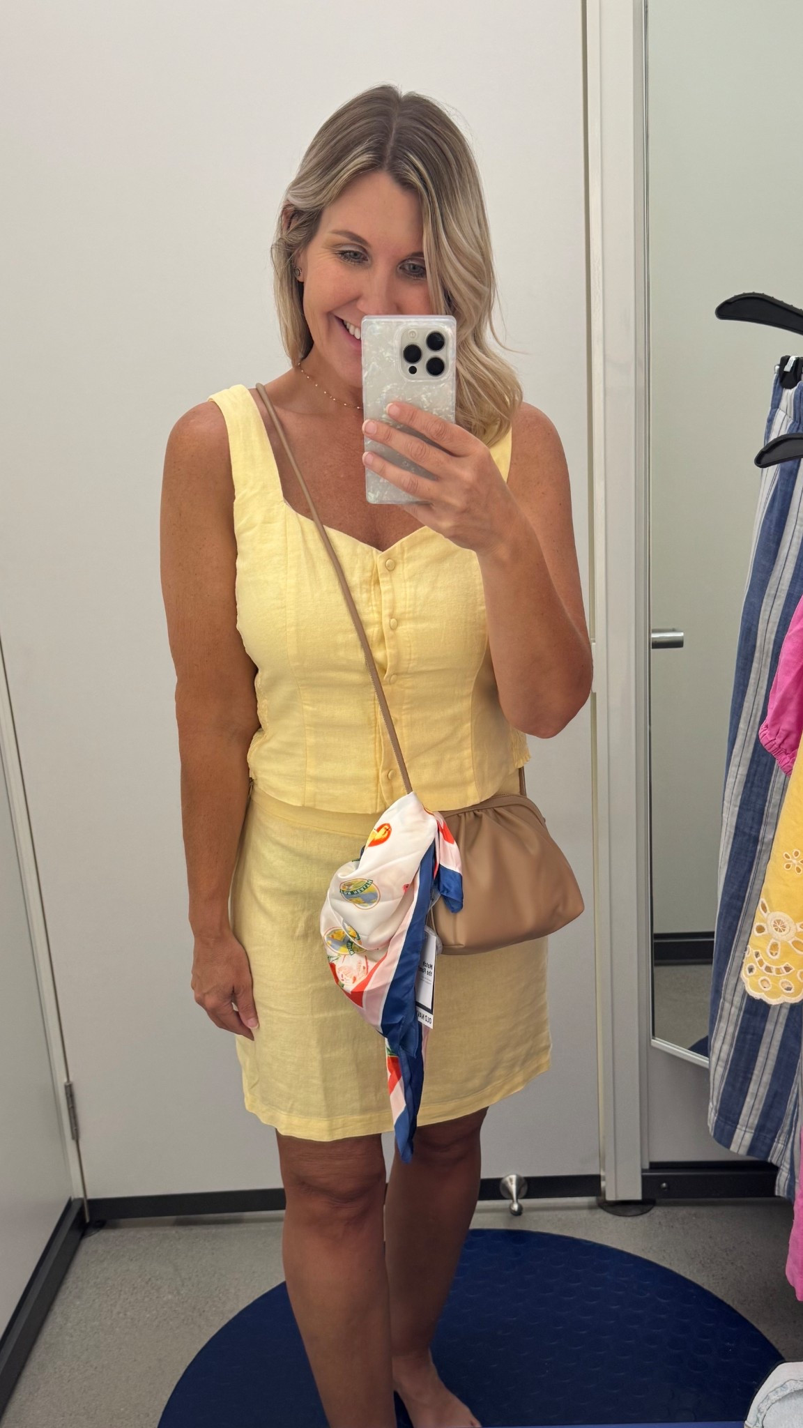 This is the cutest set and I am loving this butter yellow for spring and summer!! ☀️
Love these scarfs so cute to tie on your bag!
All on sale for 50% off for a limited time!!!!

For sizing reference I am just under 5’4 and wear s/4 
The top is pulling at the buttons a smidge around my bust. I am a 34D. I still think I would stick with a small because plenty of room everywhere  else! The skirt is perfect it zips on the side with a stretchy waistband. 

#oldnavy #oldnavysale #springoutfitidea #butteryellow

#LTKSaleAlert #LTKStyleTip #LTKFindsUnder50