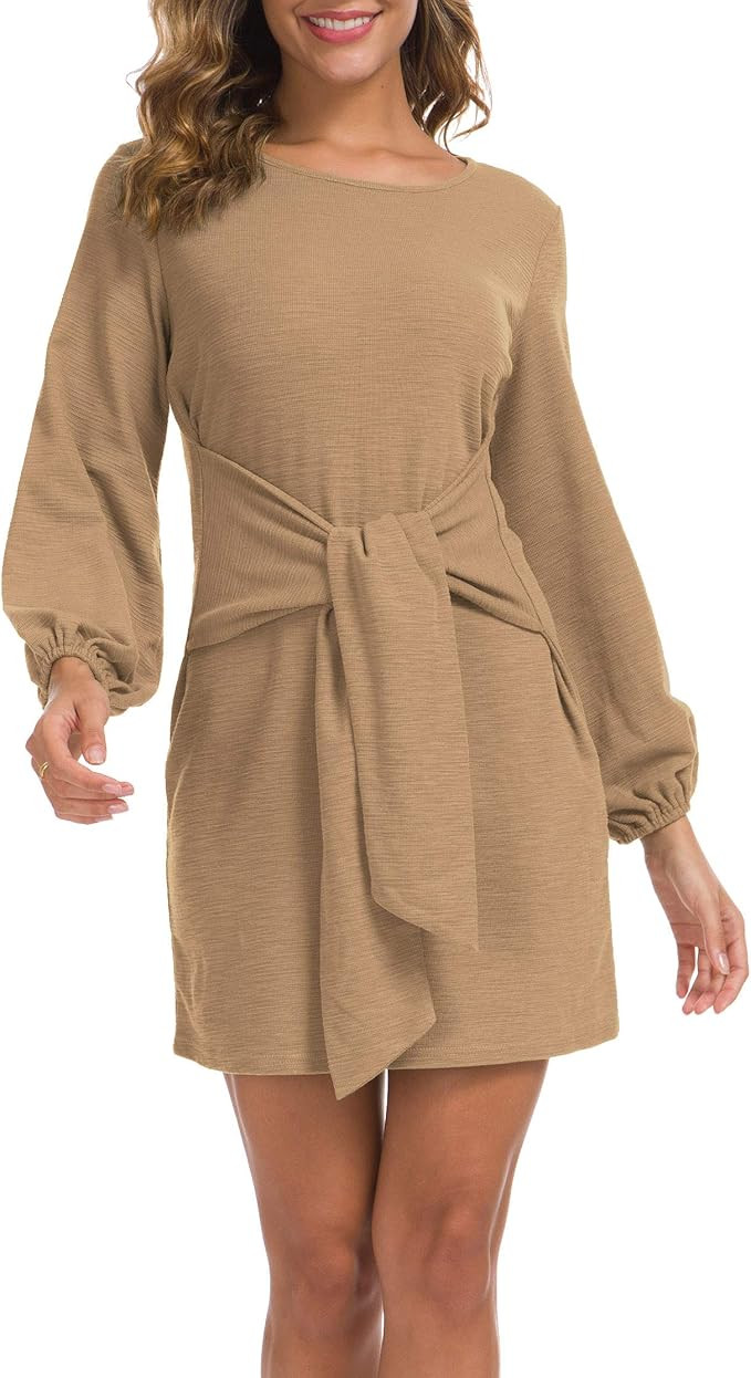 Lionstill Women's Elegant Long Sleeve Dress Casual Tie Waist Sweater Dresses | Amazon (US)
