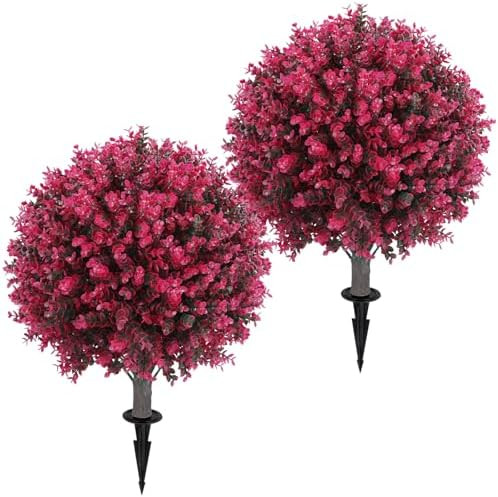 Artificial Red Eucalyptus Topiary Ball Tree 24" with Ground Spike, Set of 2 Artificial Boxwood Bu... | Amazon (US)