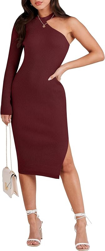 Caracilia Women 2023 Fall Sweater Dress Sexy One Shoulder Long Sleeve Ribbed Knit Side Slit Bodyc... | Amazon (US)