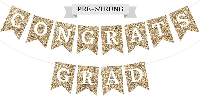 Pre-strung Congrats Grad Banner - No DIY - Gold Glitter Graduation Party Banner - Pre-strung Garl... | Amazon (US)
