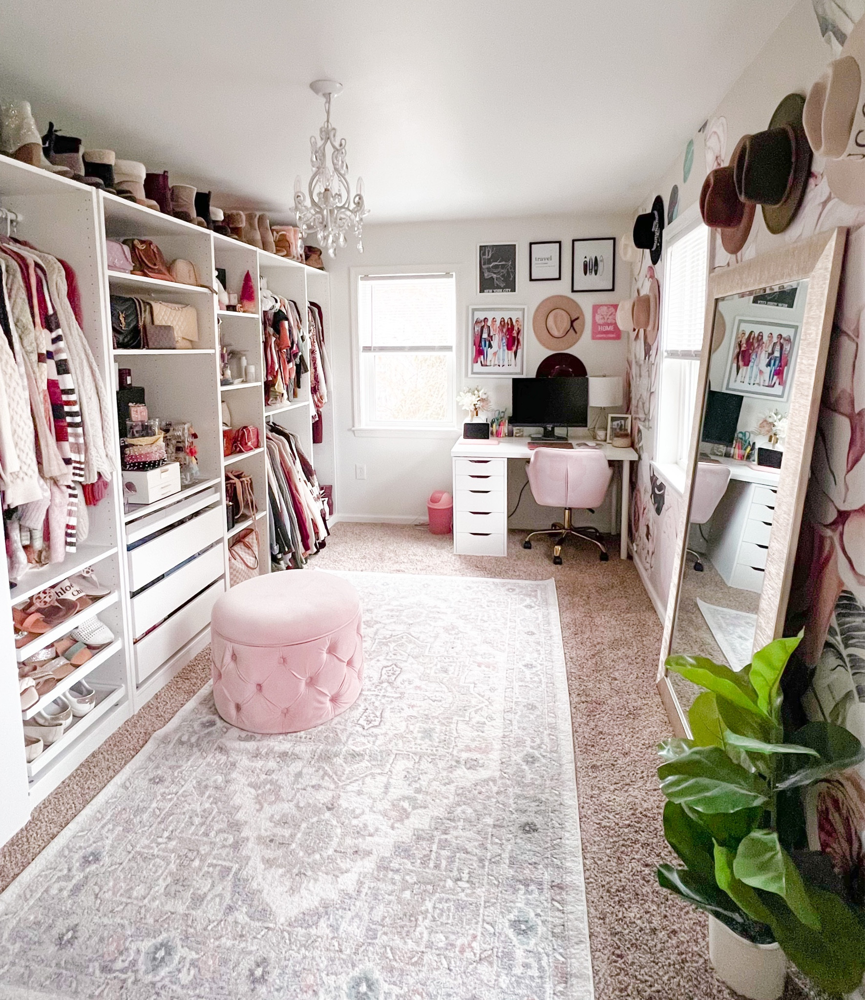 Closet space, dream closet, walk in closet, home office, office decor, pink decor, cloffice, closet office, closet organization, closet Organizer, closet storage, area rug, mirror, ottoman, desk

#LTKunder100 #LTKstyletip #LTKhome