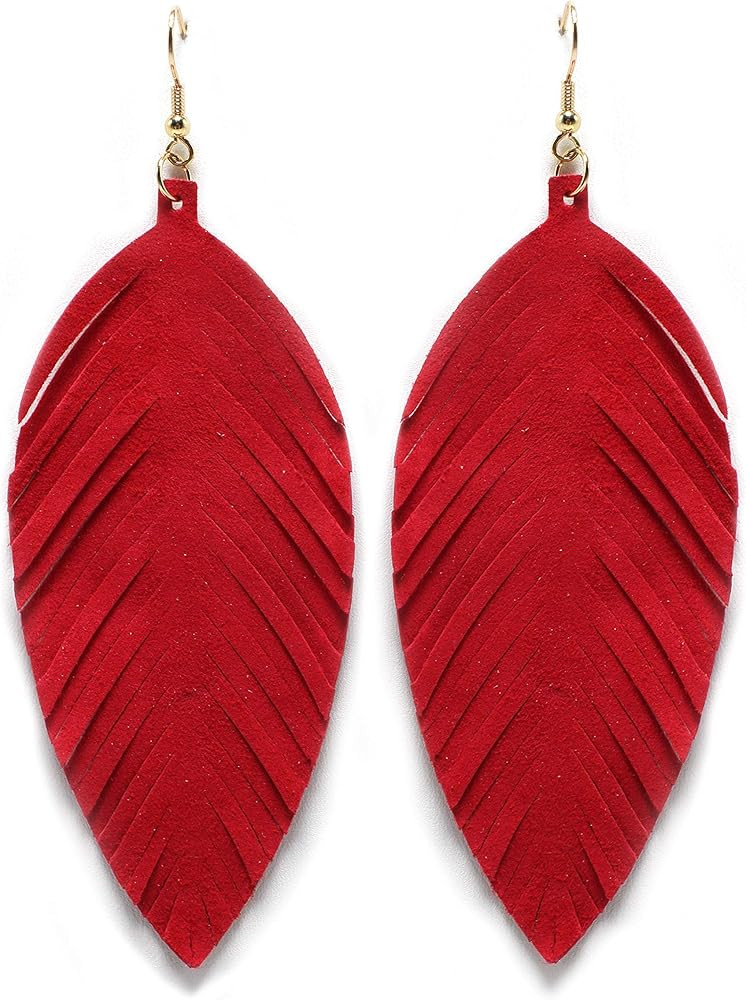 Large Genuine Soft Leather Handmade Fringe Feather Lightweight Tear Drop Dangle Color Earrings fo... | Amazon (US)