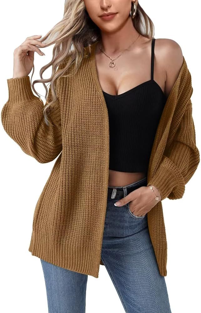 Jollycode Women's Open Front Cardigan Chunky Knit Sweaters Lantern Sleeve Outwear Lightweight Coat | Amazon (US)