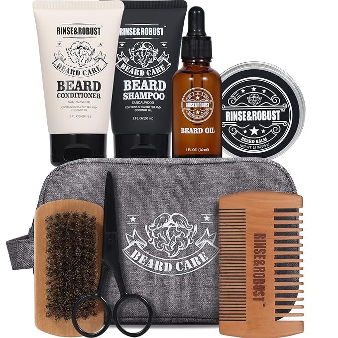 Beard Grooming Kit Rinse & Robust 8Pcs Travel Beard Care Set Kit For Men Beard Wash & Beard Condi... | Amazon (US)