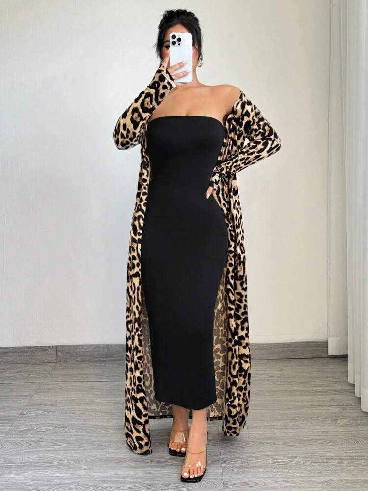 SHEIN SXY Plus Size 2pcs Women's Spring Summer Leopard Print Long Sleeve Maxi Jacket And Bodycon Dress Set Cheetah Print, Suitable For Fall & Winter, Date Night, Birthday, Bachelorette Party Outfit, Cute, Casual, Shopping, Streetwear, Going Out, Easy To Match&Looks Slim, Accent Your Body, Flatter The Figure | SHEIN