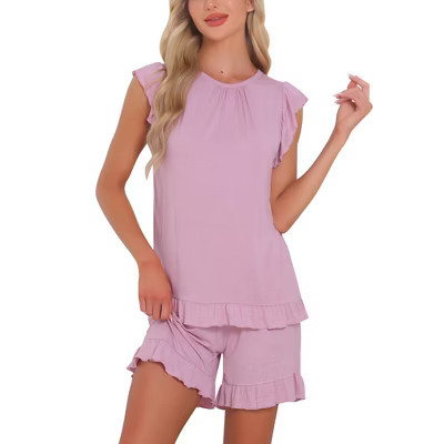 INSPIRE CHIC Women's Cute Ruffle Trim Cap Sleeve Tops and Shorts 2 Piece Pajama Sets Pink Large | Target