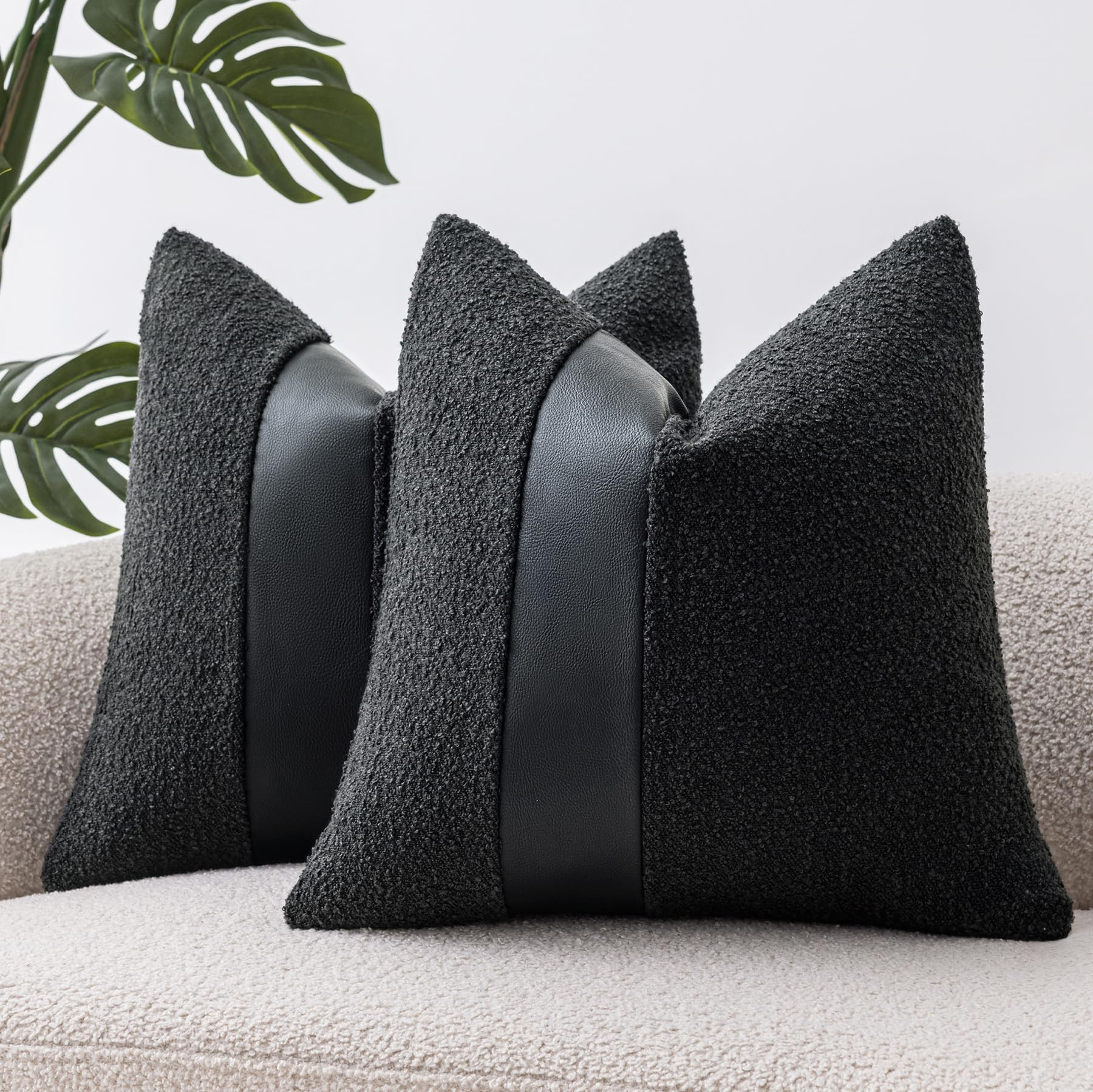 22"x22" Charcoal Black Boucle Pillow Covers with Faux Leather Accents Set of 2 Fluffy Textured De... | Amazon (US)