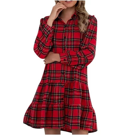 Plaid Dress For Women Button Down Shirts Dresses Pocketed Women s Christmas Plaid Dress Long Sleeve Button Down Mini Shirtdress Red L | Walmart (US)