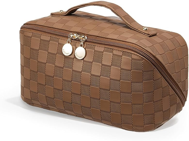 EACHY Travel Makeup Bag,Large Capacity Cosmetic Bags for Women,Waterproof Portable Pouch Open Flat Toiletry Bag Make up Organizer with Divider and Handle (Plaid-Brown, Medium) | Amazon (US)