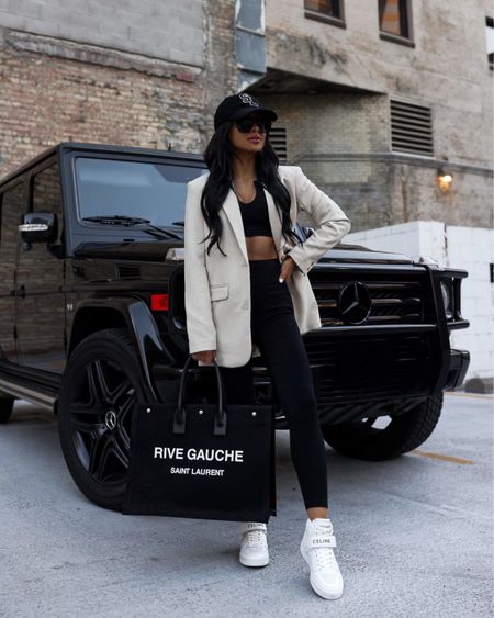 Casual weekend outfit / travel outfit 
Amazon workout set under $30
Abercrombie blazer
Saint Laurent rive gauche tote 
Celine high top sneakers 

#LTKfit #LTKunder100 #LTKunder50