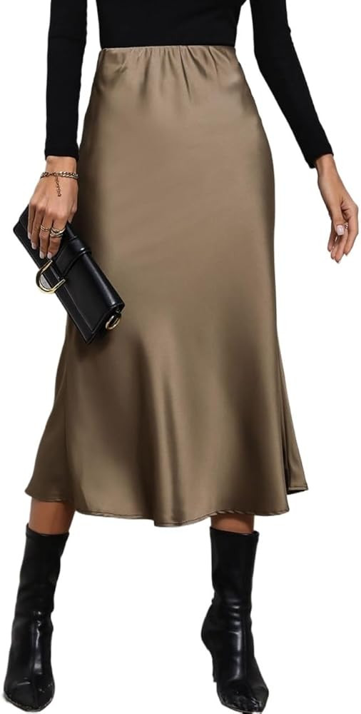 Summer Women's Midi Long Skirts High Waist Elastic Waist Skirt | Amazon (US)