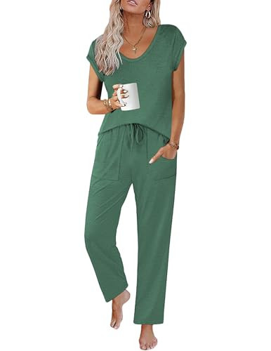 Ekouaer Womens Pajama Sets Short Sleeve Sleepwear Tops and Long Pants V Neck Pjs 2 Piece Lounge Set with Pockets,Dark Green,L | Amazon (US)
