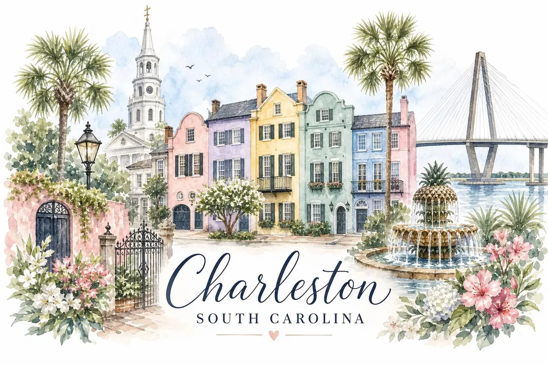 Charleston South Carolina Watercolor PNG | Charleston Travel Print | Rainbow Row Coastal Wall Art... | Etsy (Global)