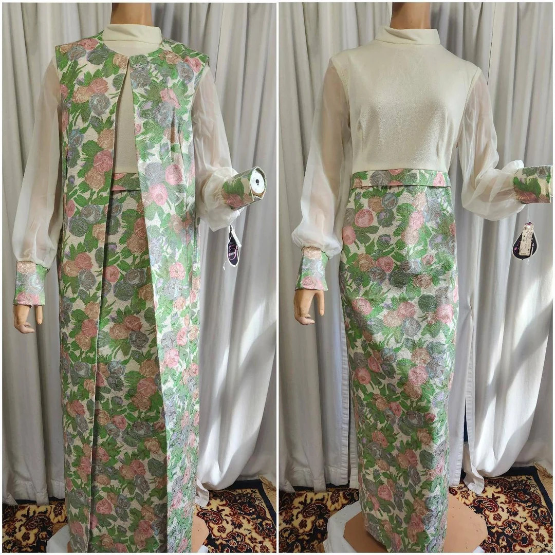 Vintage Dress and Duster Set From the 1970s With Original Tags, Floral Green and Pink, Size Large... | Etsy (US)
