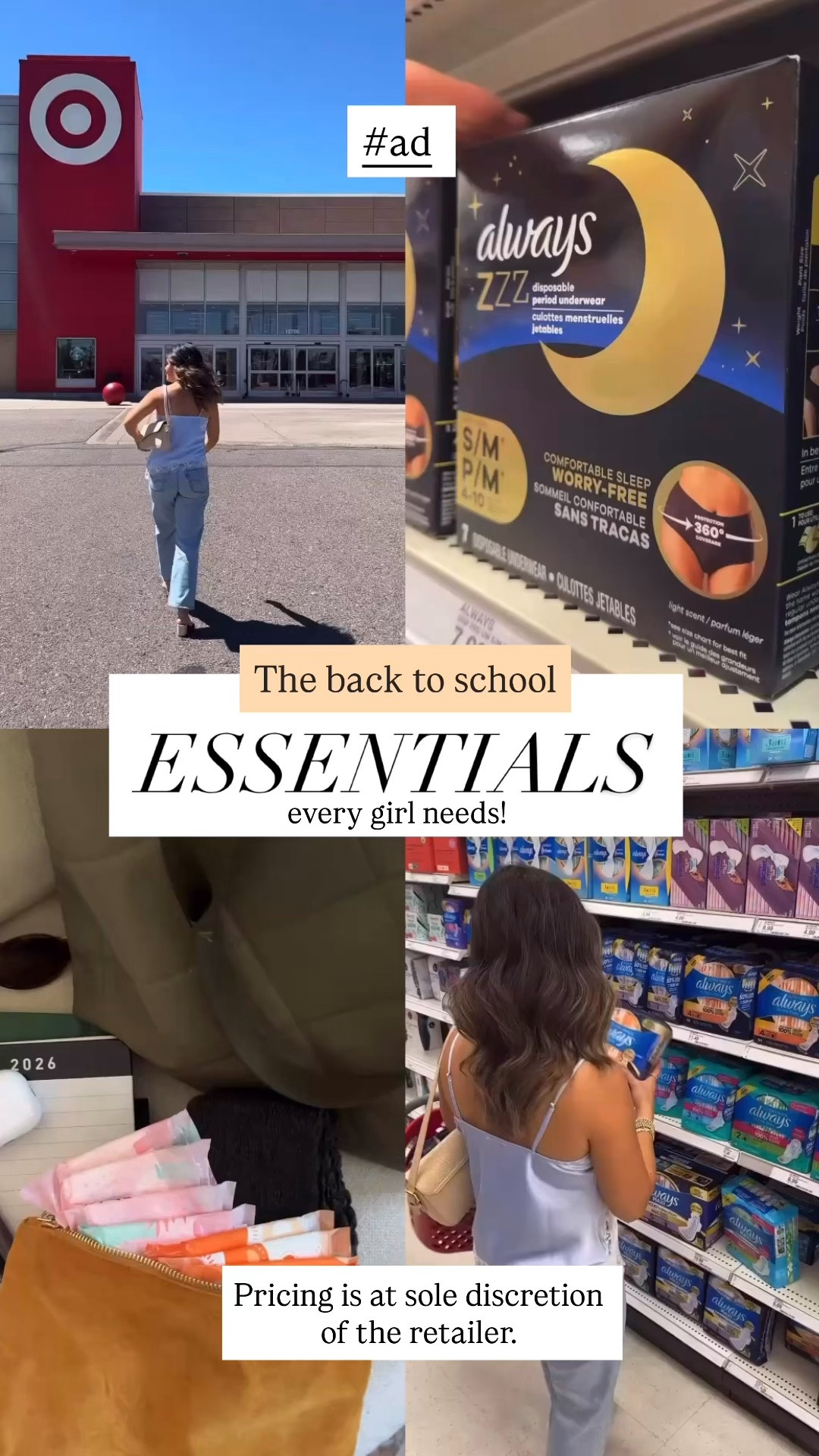 #ad The back-to-school essential nobody talks about ✨
A simple period kit with trusted Always favorites = one less thing to worry about this school year with Always Radiant FlexFoam Teen Pads, Always Ultra Thin Overnight Pads, and Always ZZZ Overnight Period Underwear—so there's one less thing to worry about! 
Because when you feel prepared, you can focus on everything else! Make sure to shop via Target.com with this link:
https://on.ltk.com/+RXzTER4irOqxhiLLVv7Ggg

@Target ! @Always_brand  #TargetPartner #Target #AlwaysPartner

#LTKselfcare #LTKstorytime #LTKSwim