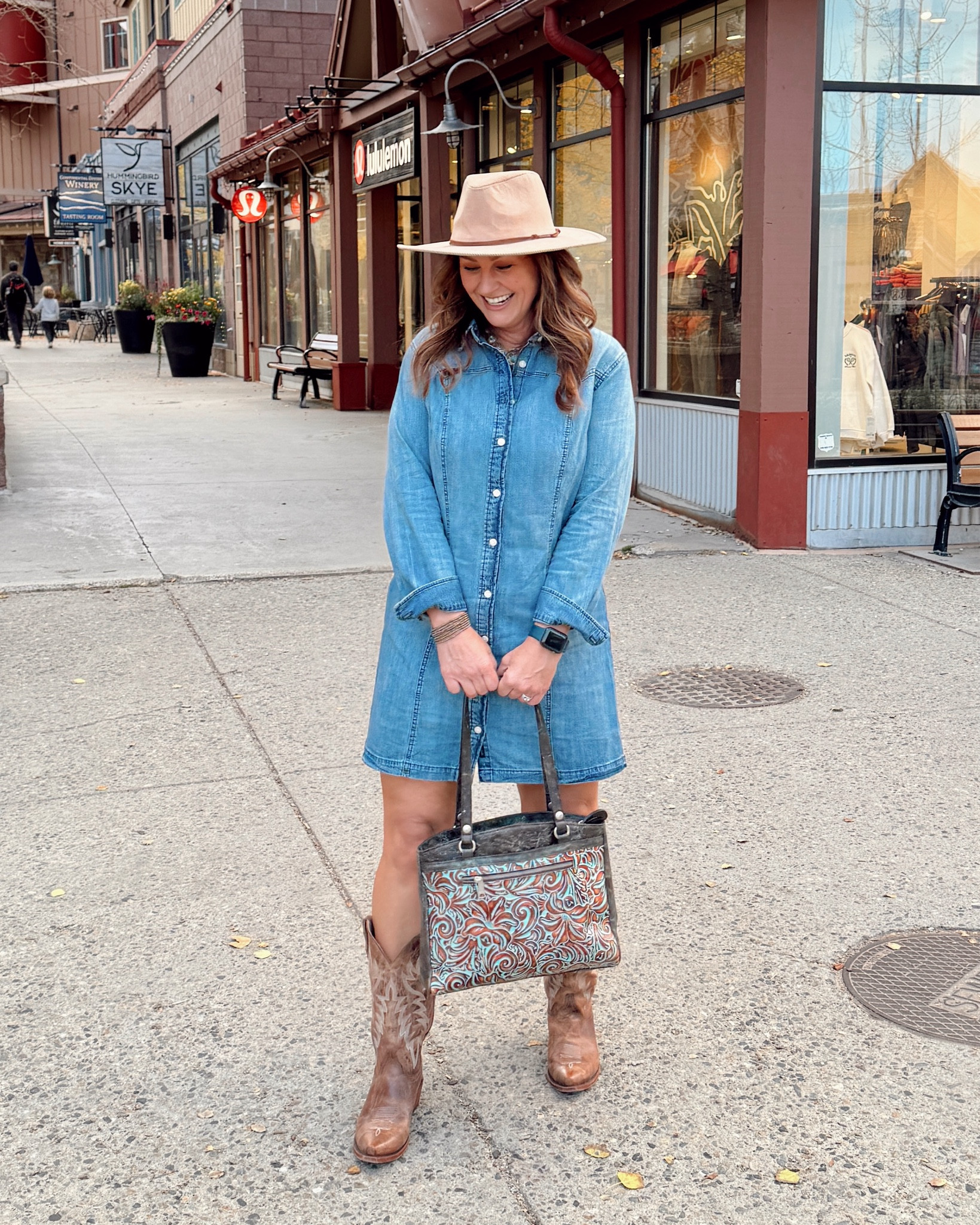 Colorado: exploring downtown Breckenridge
Can’t link denim dress so linking similar options. These boots are super comfortable & good for bigger calves. 

#denimdress #felthat #westernstyle #cowboyboots #patricianash #boots #westernpurse #falloutfit #fallfashion 

#LTKxMadewell #LTKSeasonal #LTKSaleAlert