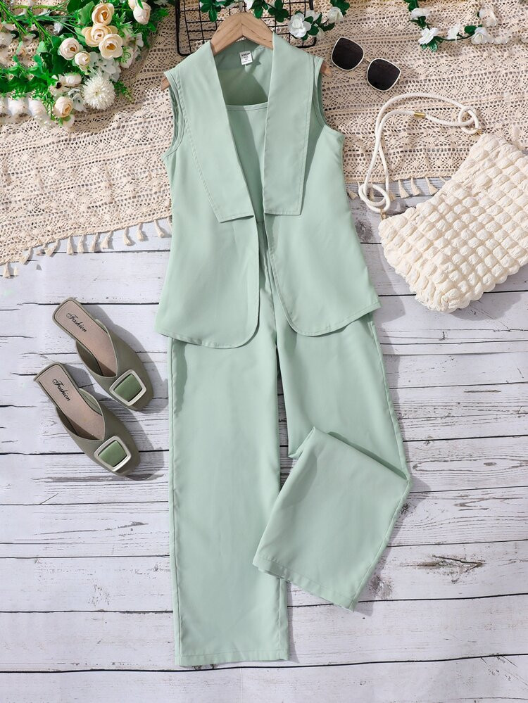 Girls Waterfall Collar Vest Coat & Cami Jumpsuit | SHEIN