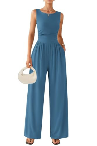 Ekouaer Jumpsuits for Women One Piece Jumpsuit Wide Leg Sleeveless Crewneck Casual Dressy Womens Romper Jumpers With Pockets Summer Vacation Outfits 2026 Lake Blue M | Amazon (US)