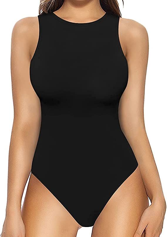 MANGOPOP Women's Halter Neck Sleeveless Sexy Tank Tops/Crew Neck Long Sleeve Bodysuit | Amazon (US)