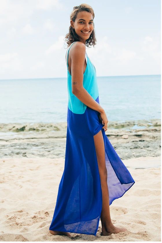 Seaside Retreat Turquoise and Cobalt Blue Maxi Cover-Up | Lulus (US)