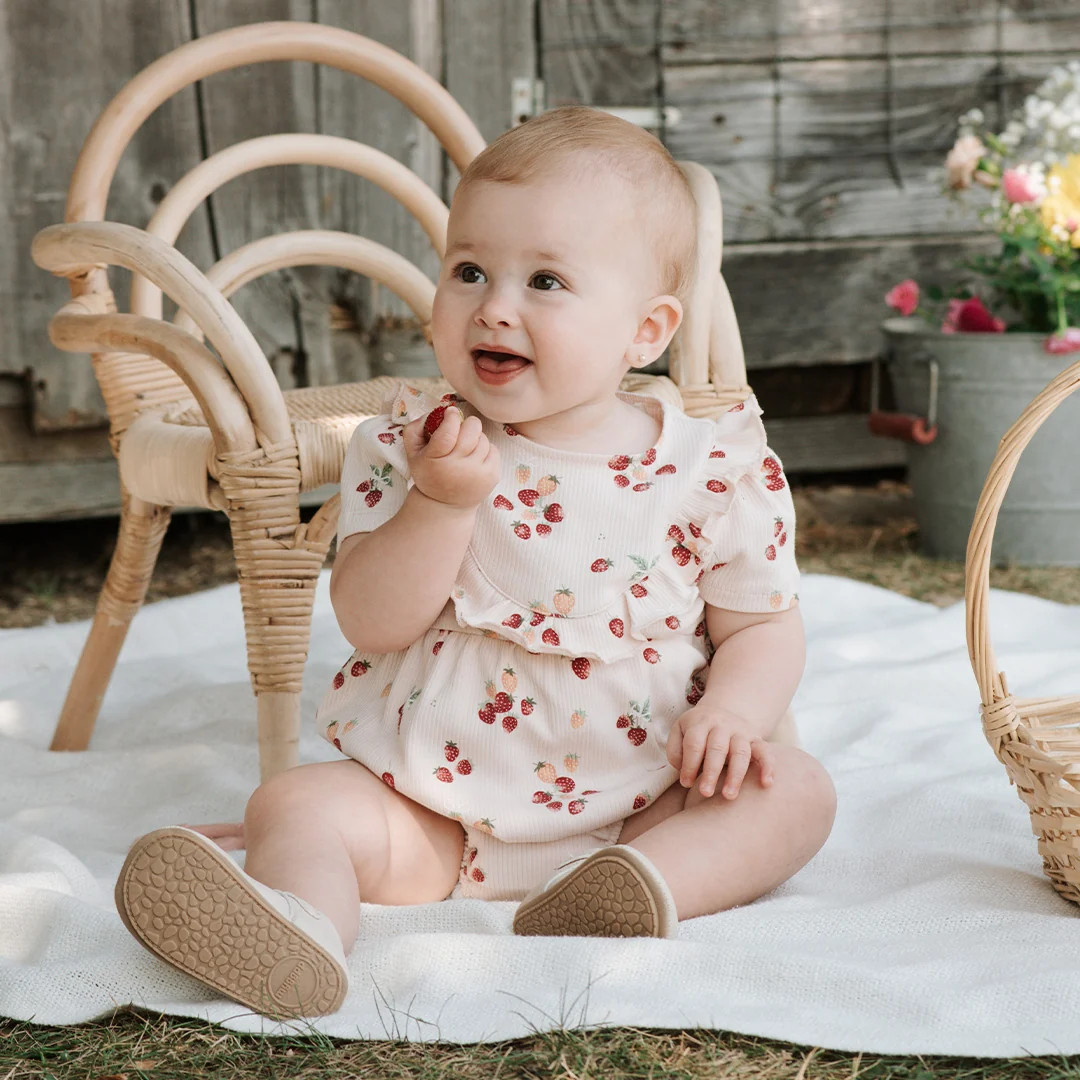 Strawberry Print on Soft Pink Ribbed Bubble Romper | Petit Lem