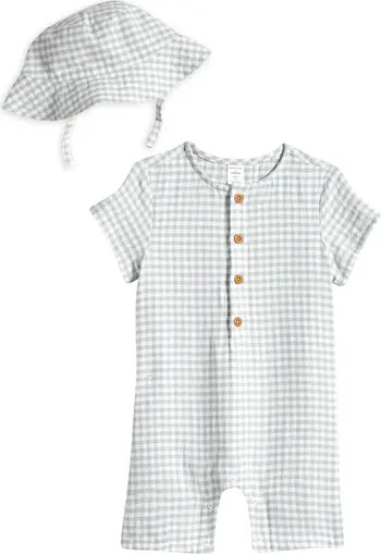 Print Cotton Henley Romper & Hat Set | Nordstrom
