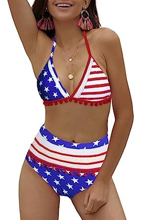 Angerella Women's Mesh Striped High Waisted Bikini Set Tassel Trim Swimsuit | Amazon (US)