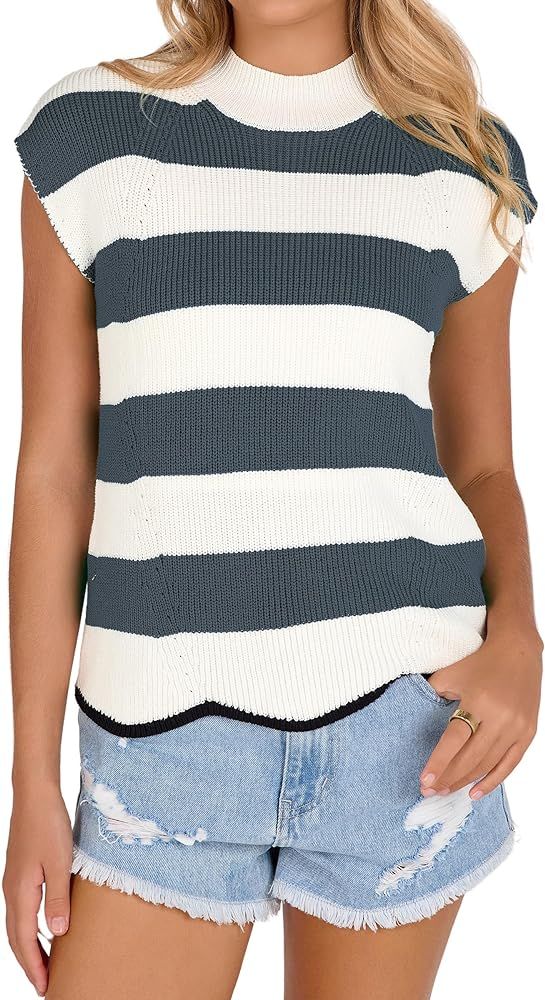 CCTOO Womens Sleeveless Sweater Vest: Summer Casual Mock Neck Cap Sleeve Knit Ribbed Striped Pull... | Amazon (US)