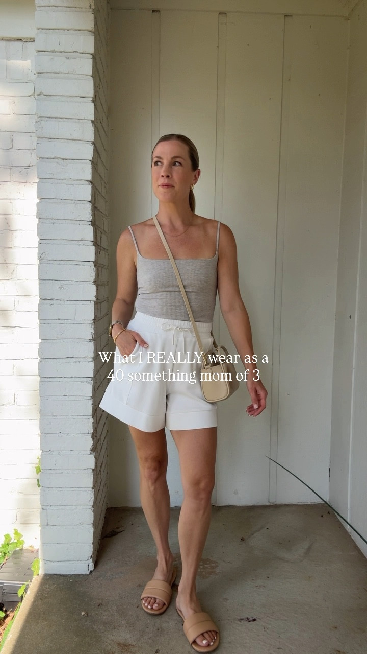 Varley shorts are soft soft. Run a little big. Reformation tank. Shared similar. Anthropologie bag. Mine is a smaller version. Beek sandals. 

#casualstyle #momstyle #simple 

#LTKFindsUnder100 #LTKShoeCrush #LTKOver40