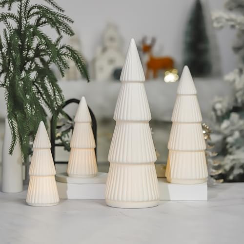 4 Pcs 12.5inch Ceramic Christmas Tree with Light White Table Top Christmas Decorations Indoor Vintage Porcelain Lighted Tree for Holiday Decor (White) | Amazon (US)