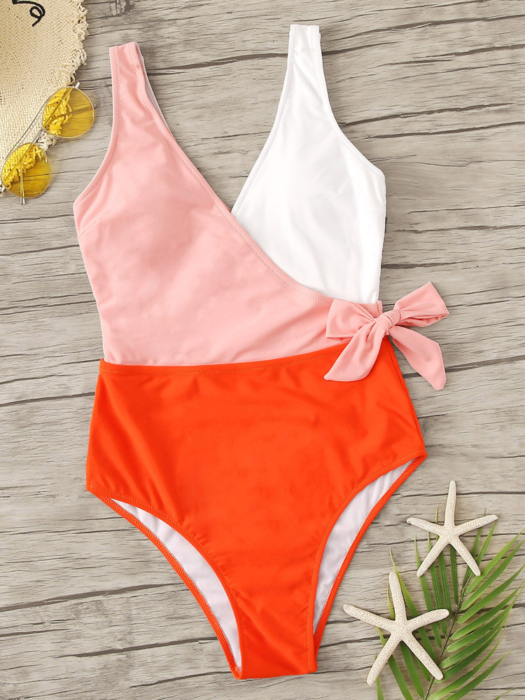 Colorblock Surplice Neck One Piece Swimsuit | SHEIN