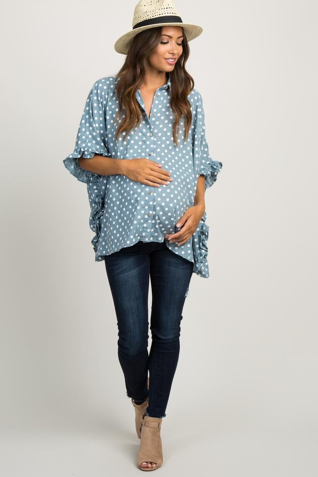 Blue Polka Dot Ruffle Dolman Sleeve Button Down Maternity Top | PinkBlush Maternity